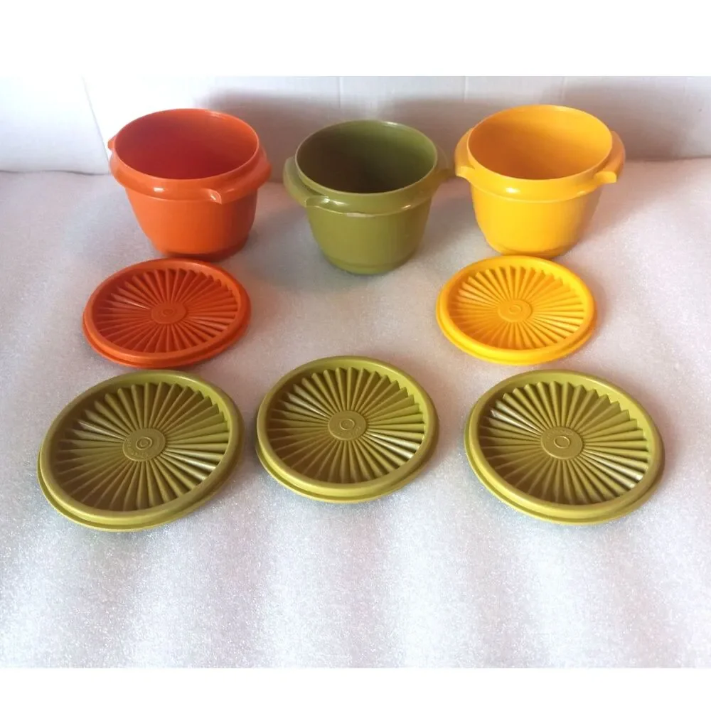 Set of 3 Vintage Tupperware 886 Servalier Bowls with 2 Extra Green Sunburst Lids
